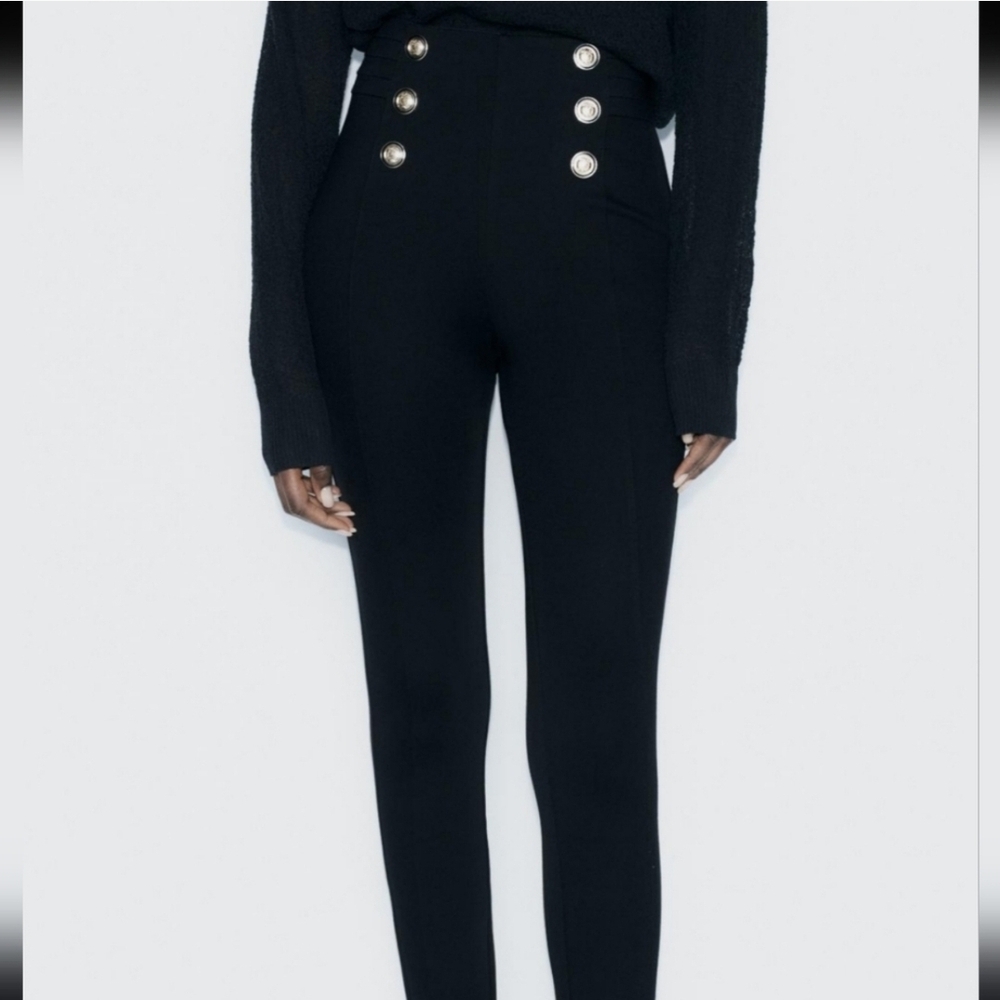 Zara Black High Waisted Pull On Seamed Leggings with Gold Buttons Ponte Pants